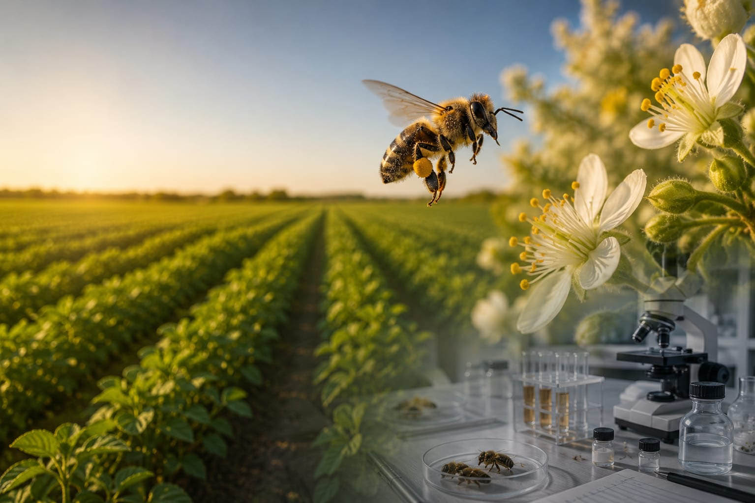 Muestras de abejas en cajas de Petri junto a microscopio de laboratorio